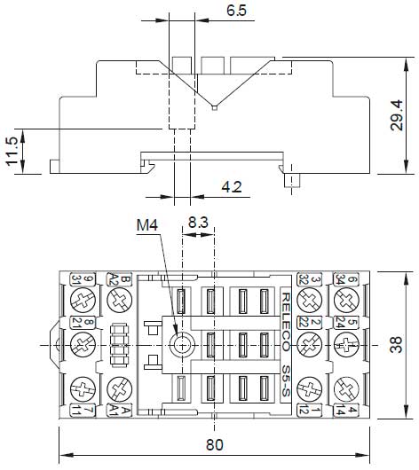 Габаритная схема розетки Releco S5-S для С5 реле